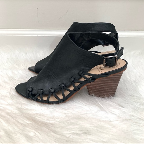 Vince Camuto Ankara Leather Sling Back Peep Toe Black Block Heel  Sandals - Picture 6 of 10
